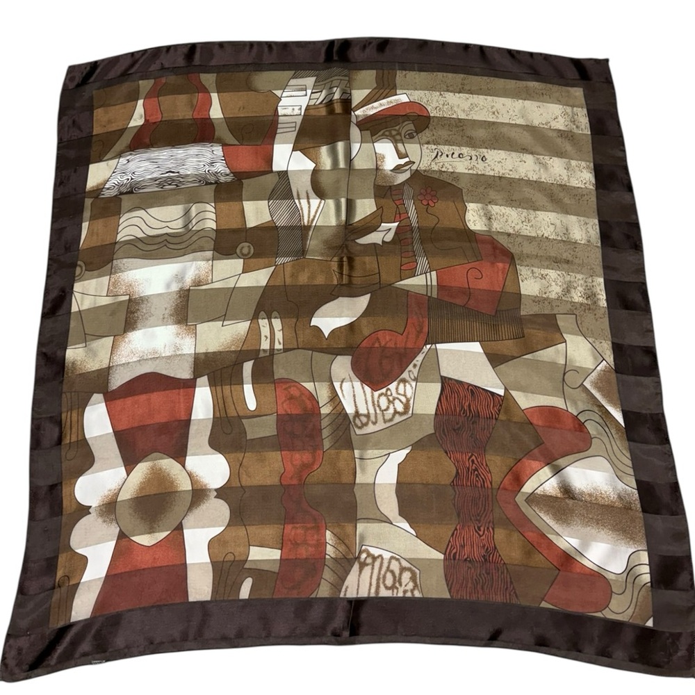 Vintage Picasso Abstract Silk Scarf Brown Earth Tones Large Semi Sheer Abstract - Picture 3 of 9